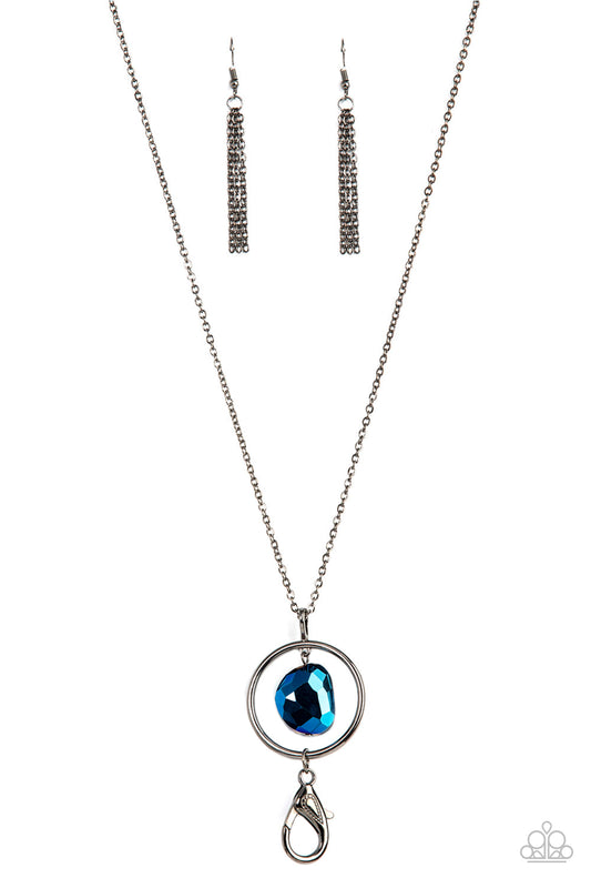 Paparazzi Accessories-Hands Down Dazzling Blue Gunmetal Hoop Necklace Set