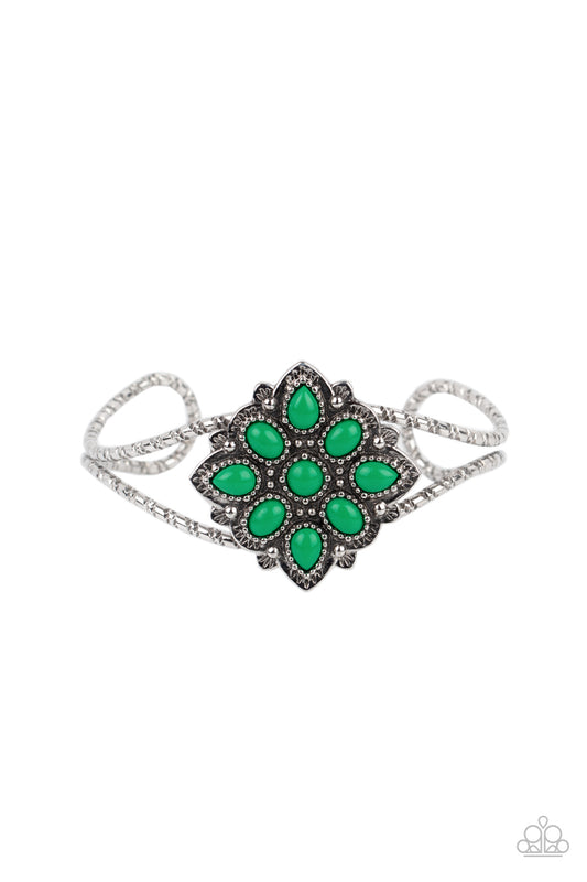 Paparazzi Accessories-Happily Ever APPLIQUE Green Silver Cuff Bracelet
