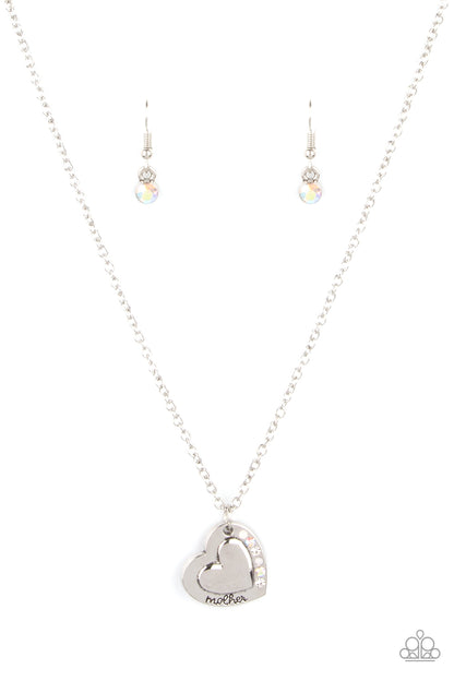 Paparazzi Accessories-Happily Heartwarming White Iridescent "Mother" Embossed Necklace Set