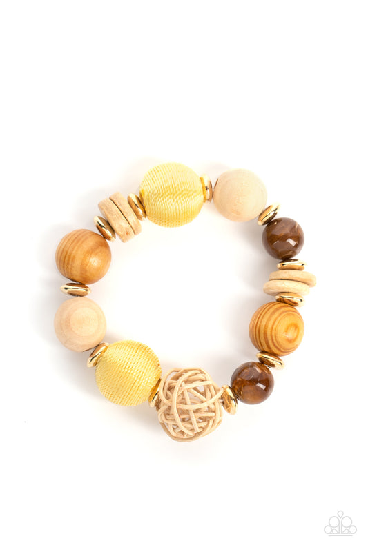 Paparazzi Accessories-Happily Homespun Yellow Rattan Wooden Bead Bracelet