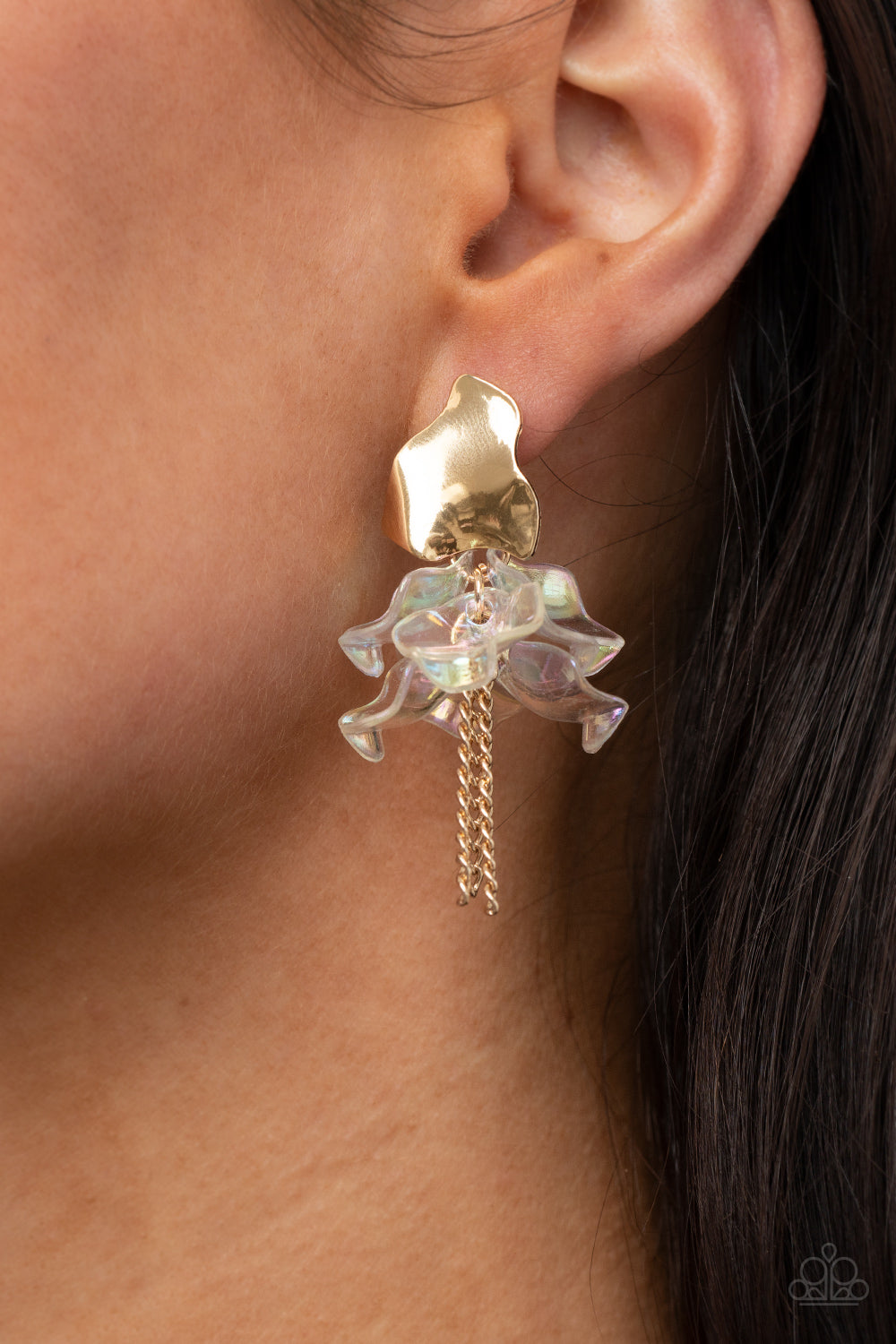 Paparazzi Accessories-Harmonically Holographic Gold Iridescent Petal Earrings