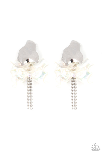 Paparazzi Accessories-harmonically Holographic White Iridescent Petal-like Earrings