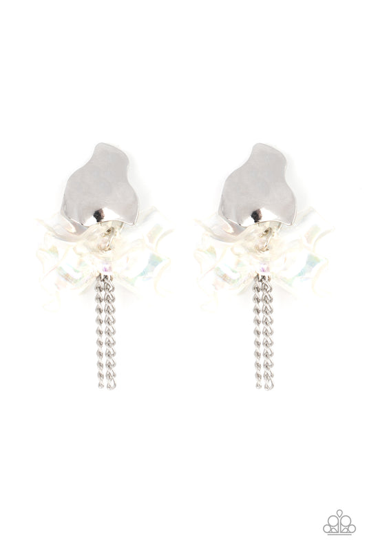 Paparazzi Accessories-harmonically Holographic White Iridescent Petal-like Earrings