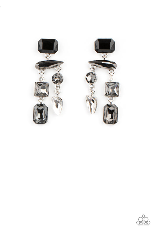 Paparazzi Accessories-Hazard Pay Silver Smoky White Gem Chandelier Earrings