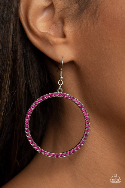 Paparazzi Accessories-Head-Turning Halo Pink Glitzy Fedora Hoop Earrings
