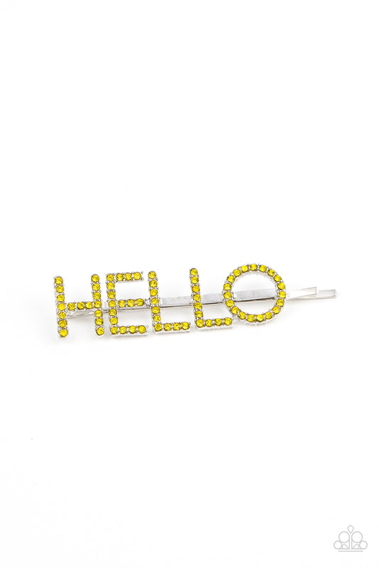 Paparazzi Accessories-Hello There Yellow Illuminating Rhinestone Hair Clip