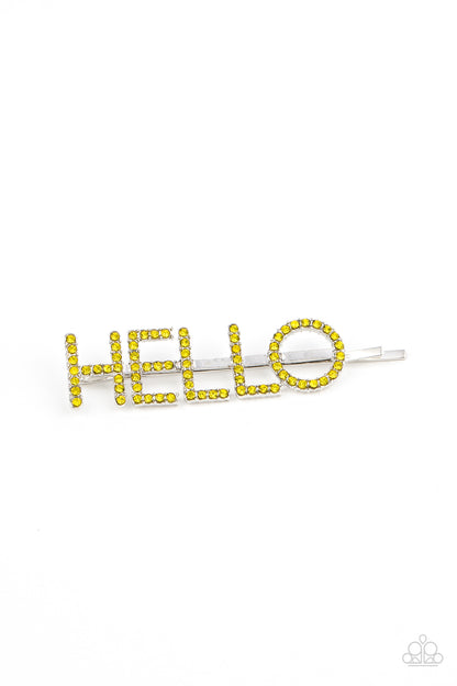 Paparazzi Accessories-Hello There Yellow Illuminating Rhinestone Hair Clip