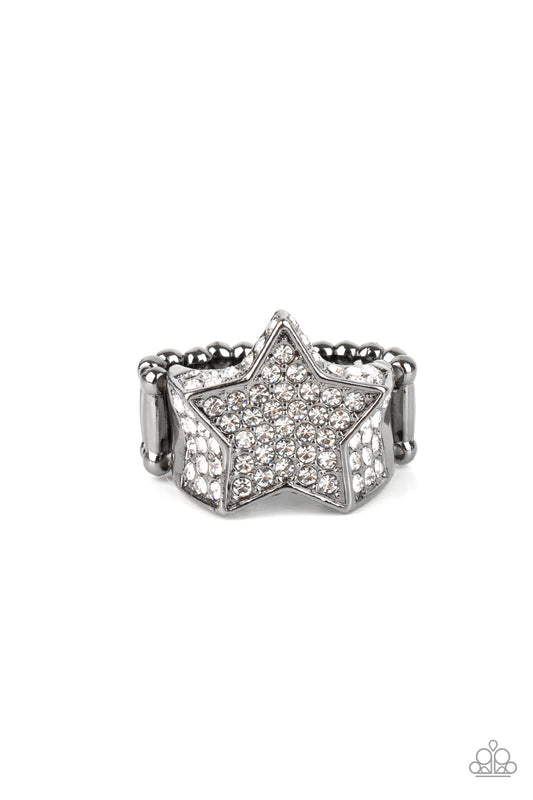 Paparazzi Accessories-Here Come The Fireworks Black Glittery White Rhinestone Star Ring