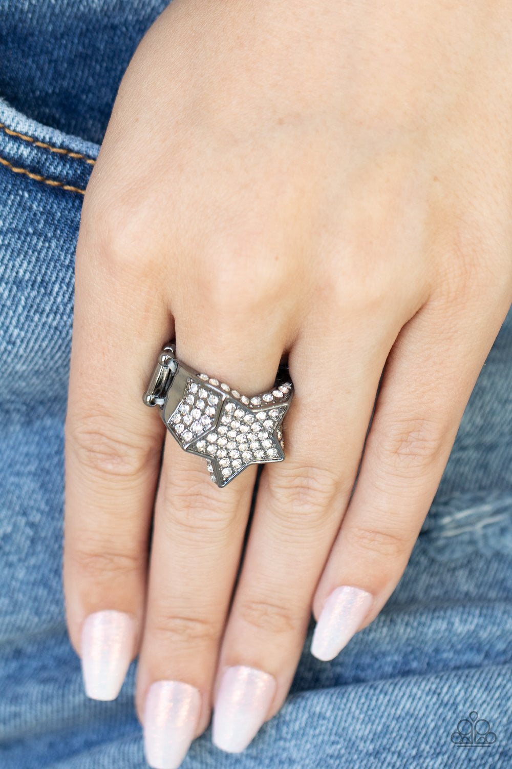 Paparazzi Accessories-Here Come The Fireworks Black Glittery White Rhinestone Star Ring