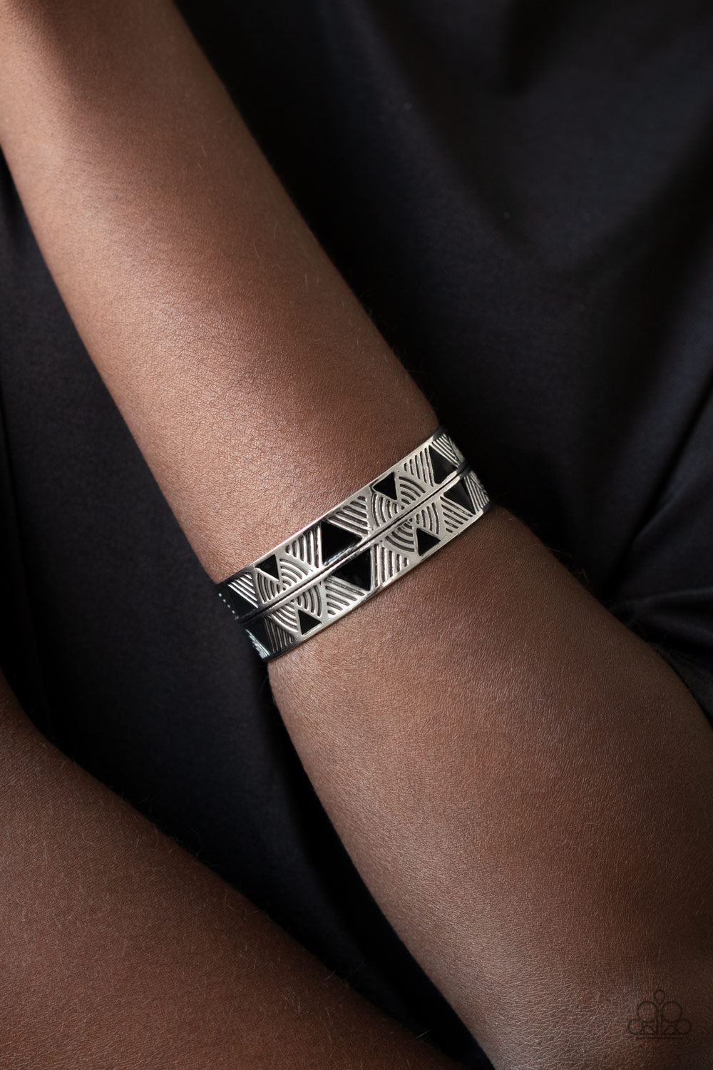 Paparazzi Accessories-Hidden Glyphs Black Embossed Cuff Bracelet