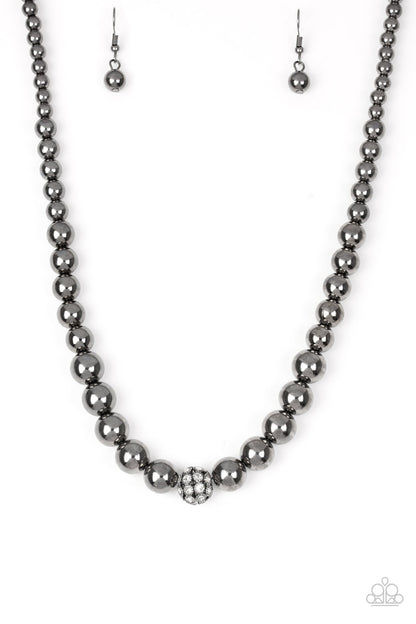 Paparazzi Accessories-High-Stakes FAME Black Glistening Gunmetal Bead Necklace Set