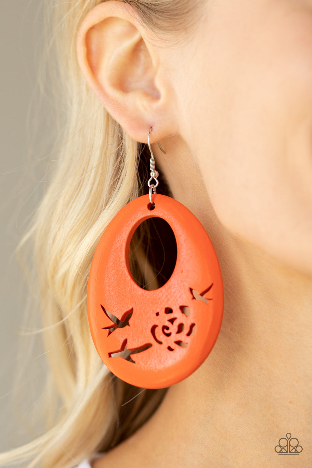 Paparazzi Accessories-Home TWEET Home Orange Wooden Teardrop Floral Cut Earrings