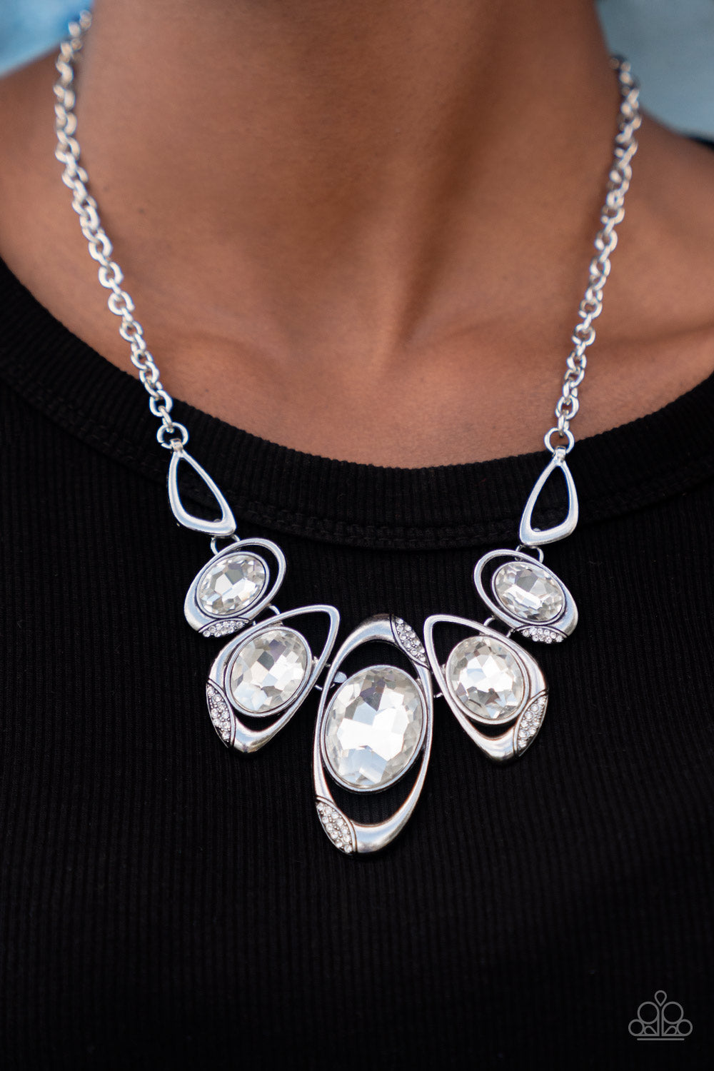 Paparazzi Accessories-Hypnotic Twinkle White Rhinestone Asymmetrical Necklace Set