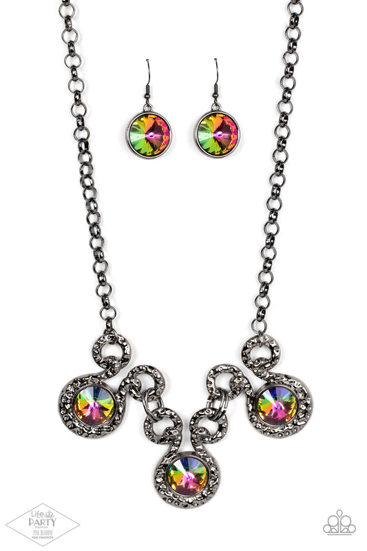 Paparazzi Accessories-Hypnotized Multi Oil Spill Oval Ring Necklace Set