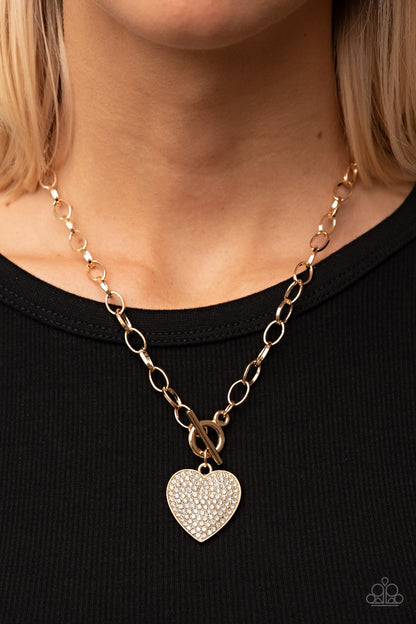 Paparazzi Accessories-If You LUST White Rhinestone Gold Toggle Heart Necklace Set