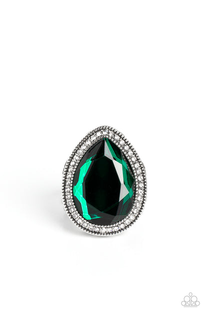 Paparazzi Accessories-Illuminated Icon Green Teardrop White Rhinestone Ring