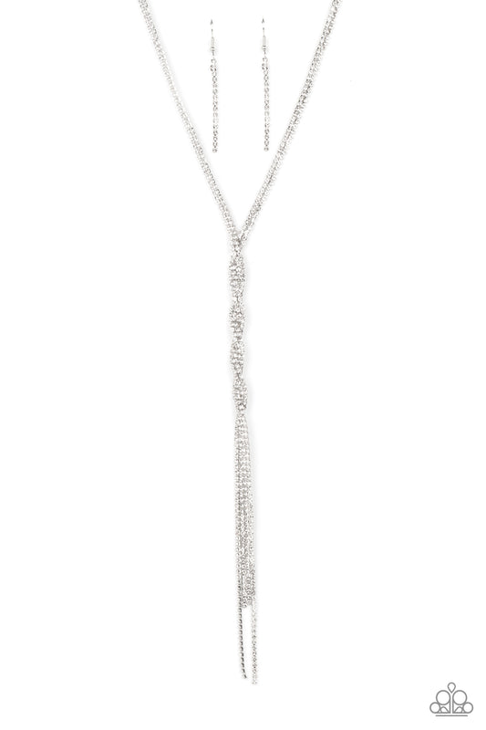 Paparazzi Accessories-Impressively Ice Glassy White Rhinestone Twist Tassel Necklace Set