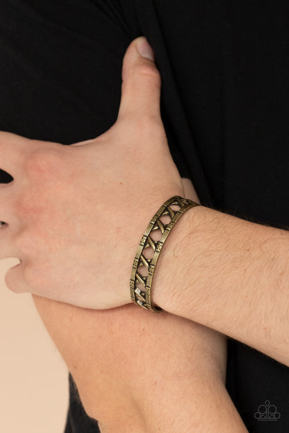 Paparazzi Accessories-In Over Your METALHEAD Brass Crisscross Cuff Men's Bracelet