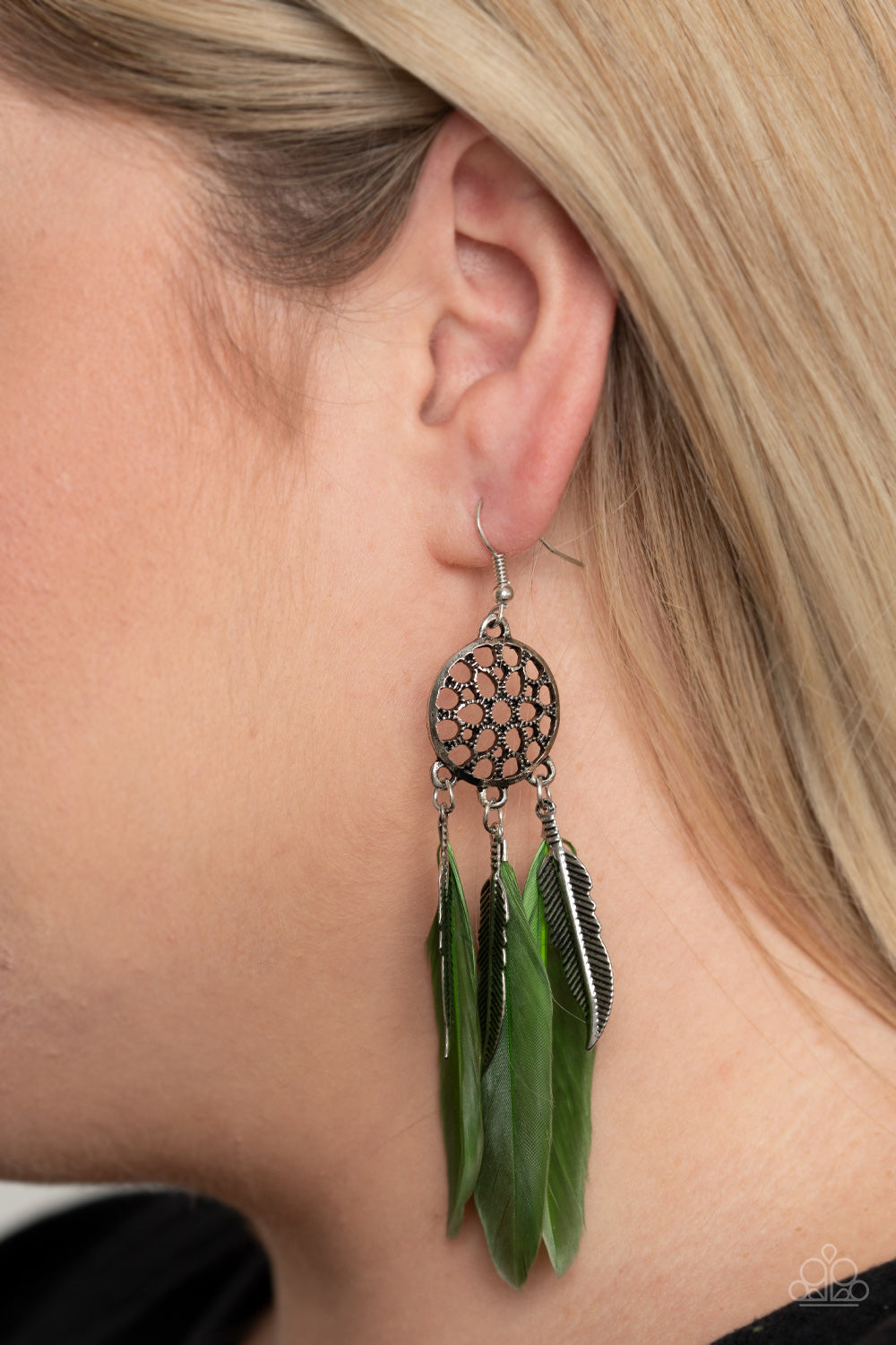 Paparazzi Accessories-In Your Wildest DREAM-CATCHERS Green Feather Earrings