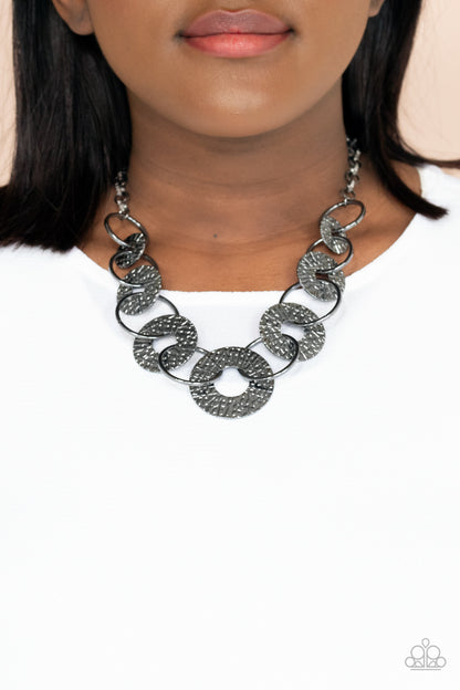 Paparazzi Accessories-Industrial Envy Black Interlock Ring Necklace Set