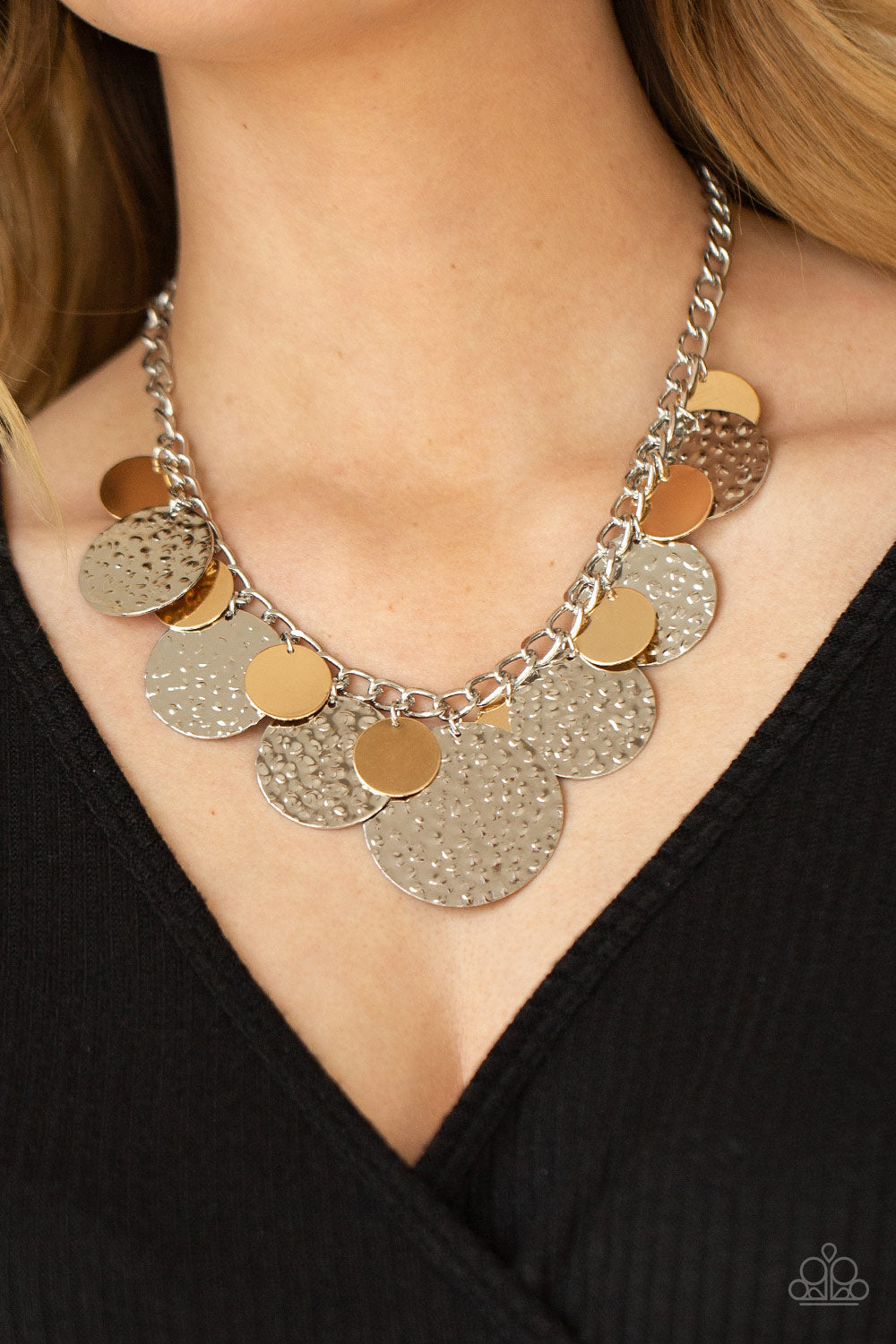Paparazzi Accessories-Industrial Grade Glamour Oversized Gold/Silver Disc Necklace Set