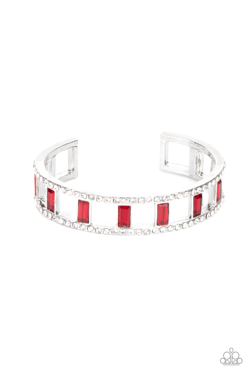 Paparazzi Accessories-Industrial Icing Red Glittery White Rhinestone Bracelet