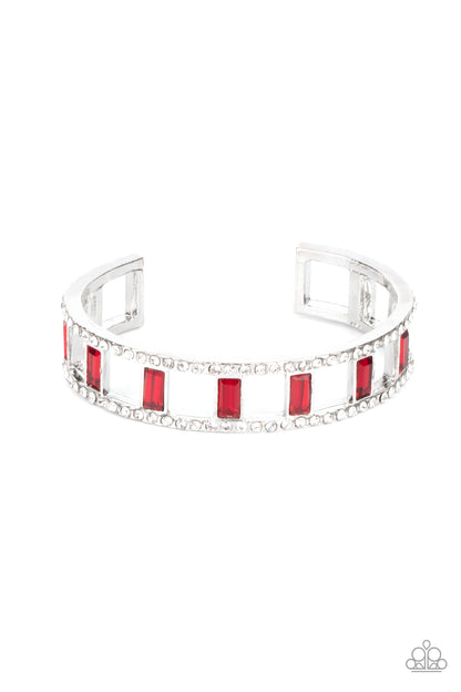 Paparazzi Accessories-Industrial Icing Red Glittery White Rhinestone Bracelet