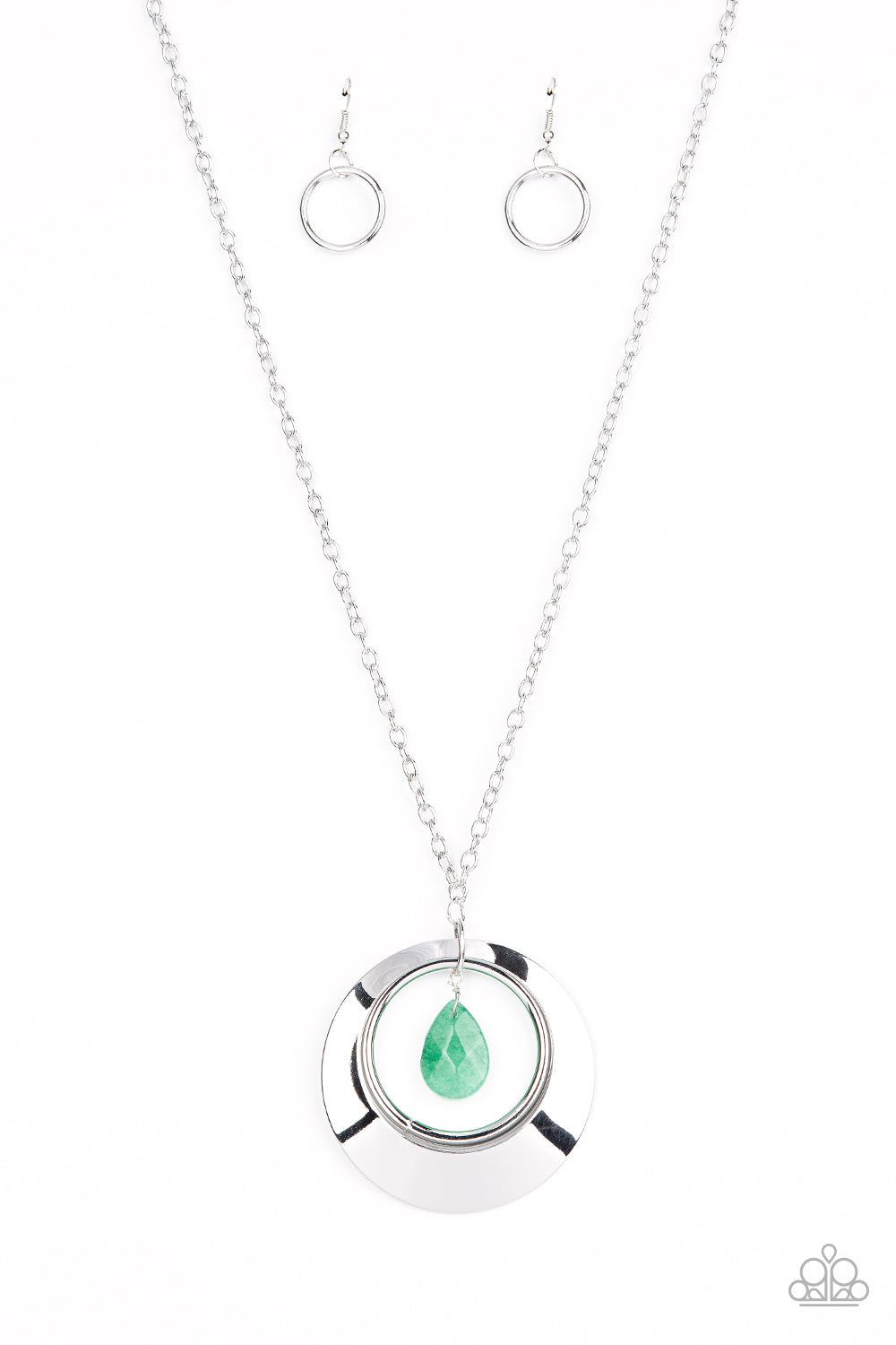 Paparazzi Accessories-Inner Tranquility Green Teardrop Silver Hoop Necklace Set