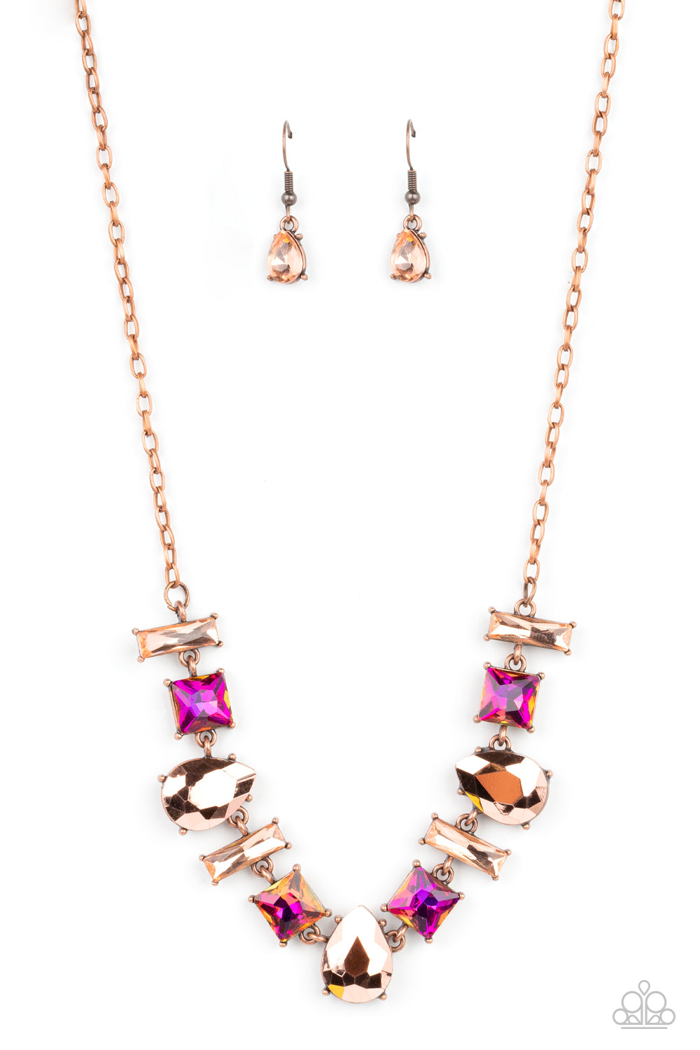 Paparazzi Accessories-Interstellar Ice Copper Iridescent Oil Spill Necklace Set