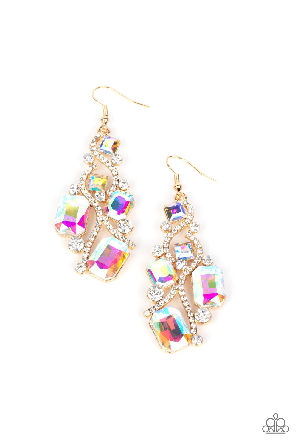 Paparazzi Accessories-Interstellar Illumination Golden Ribbon Glassy White Chandelier Earrings