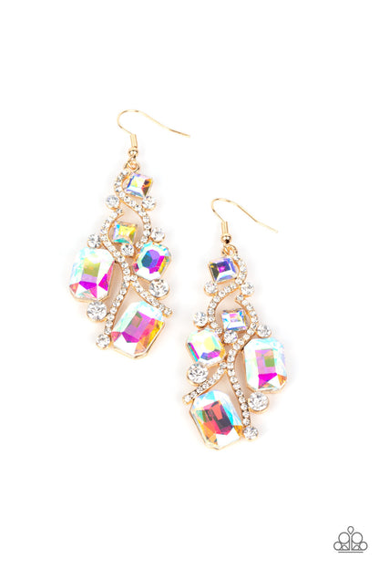 Paparazzi Accessories-Interstellar Illumination Golden Ribbon Glassy White Chandelier Earrings