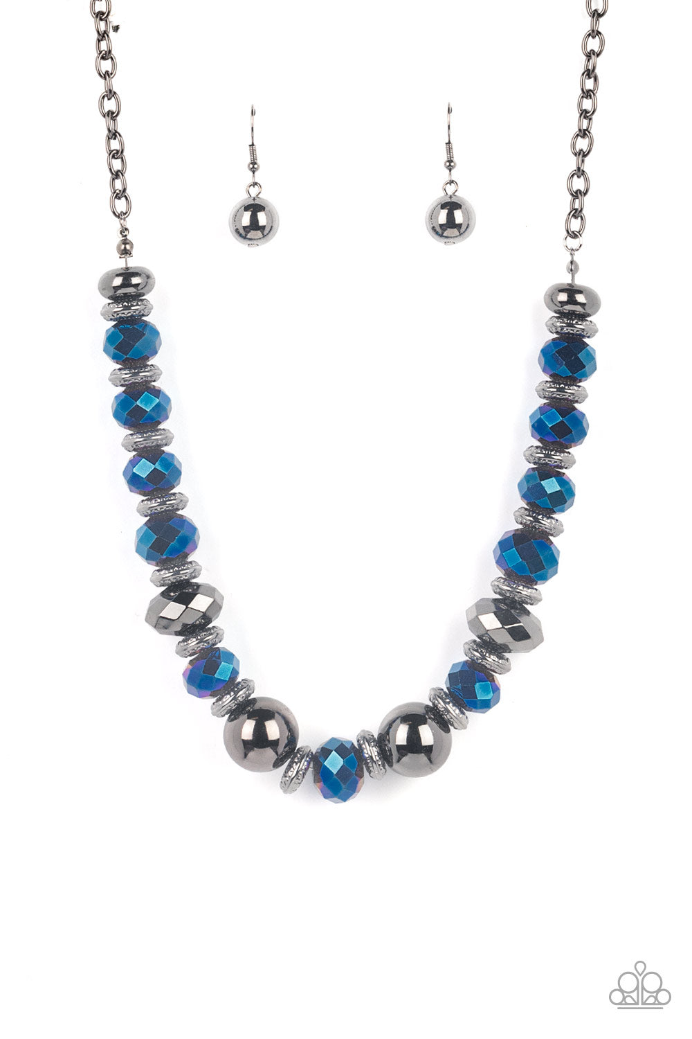 Paparazzi Accessories-Interstellar Influencer Metallic Blue Gunmetal Bead Necklace Set