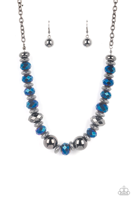 Paparazzi Accessories-Interstellar Influencer Metallic Blue Gunmetal Bead Necklace Set