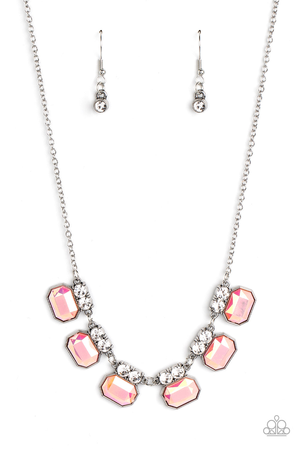 Paparazzi Accessories-Interstellar Inspiration Iridescent Pink Glitzy White Rhinestone Necklace Set