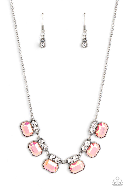 Paparazzi Accessories-Interstellar Inspiration Iridescent Pink Glitzy White Rhinestone Necklace Set