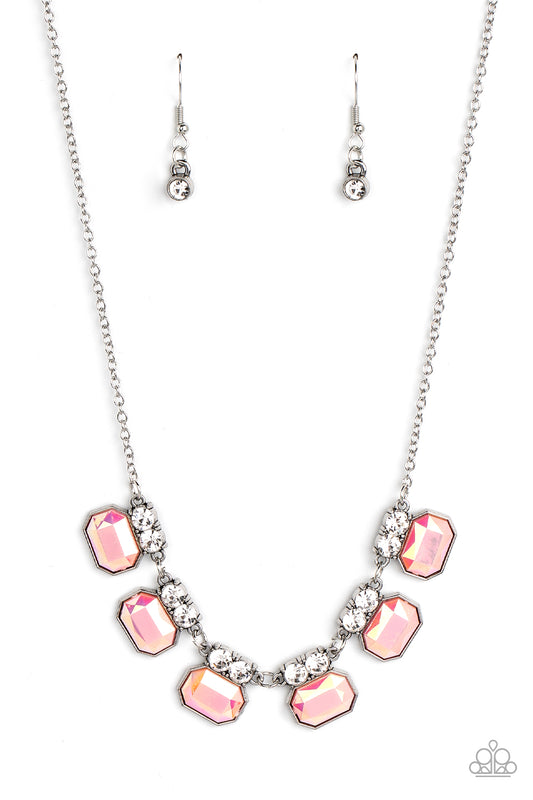 Paparazzi Accessories-Interstellar Inspiration Iridescent Pink Glitzy White Rhinestone Necklace Set
