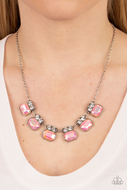 Paparazzi Accessories-Interstellar Inspiration Iridescent Pink Glitzy White Rhinestone Necklace Set