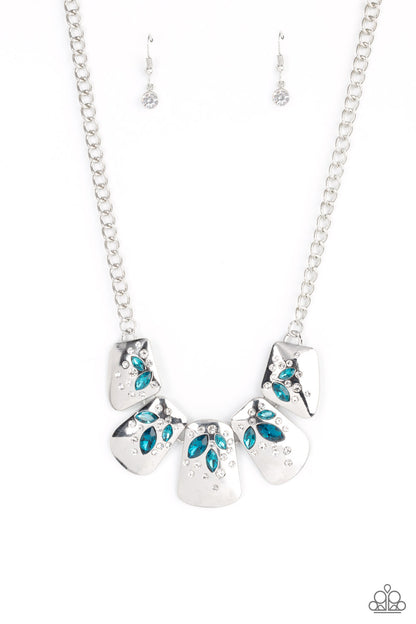 Paparazzi Accessories-Jubilee Jingle Curved White /Blue Glittery Rhinestone Necklace Set