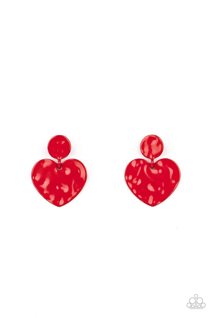 Paparazzi Accessories-Just a Little Crush Red Glossy Hammered Heart Earrings