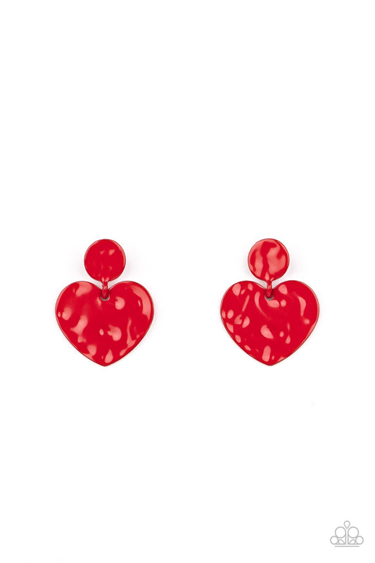 Paparazzi Accessories-Just a Little Crush Red Glossy Hammered Heart Earrings