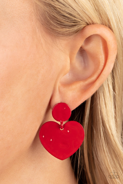 Paparazzi Accessories-Just a Little Crush Red Glossy Hammered Heart Earrings