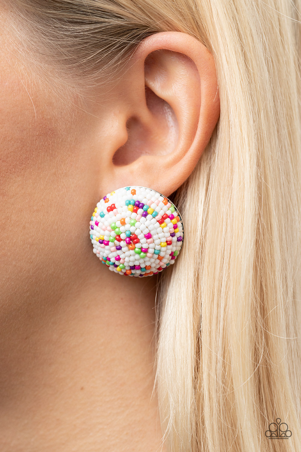 Paparazzi Accessories-Kaleidoscope Sky White Multicolored Round Bead Earrings