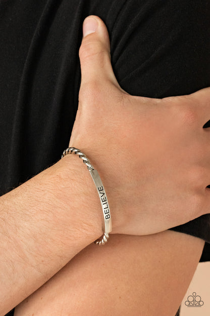 Paparazzi Accessories-Keep Calm and Believe Silver Twisted Inspiring Men's Cuff Bracelet