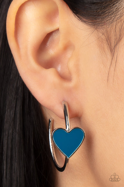 Paparazzi Accessories-Kiss Up Blue Heart Silver Hoop Earrings