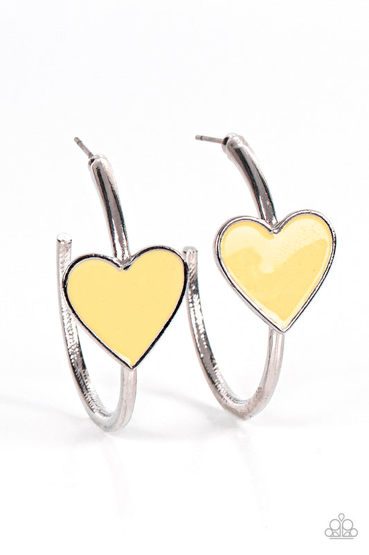 Paparazzi Accessories-Kiss Up Yellow Illuminating Heart Hoop Earrings