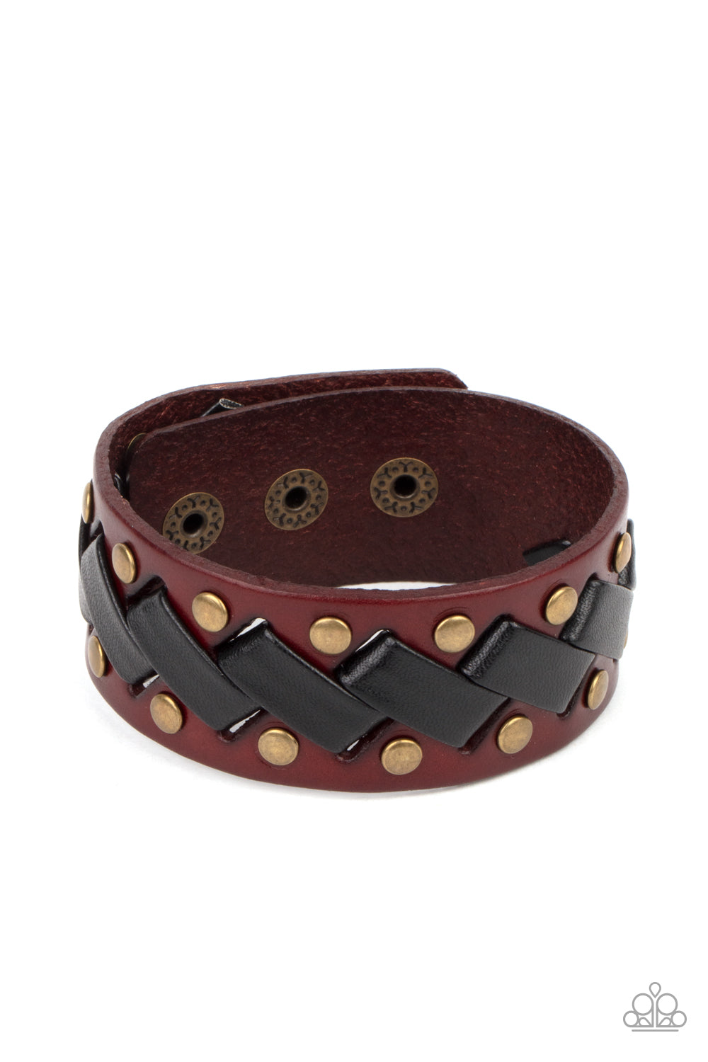 Paparazzi Accessories-LACES Loaded Brass/Black Zigzag Leather Men's Bracelet