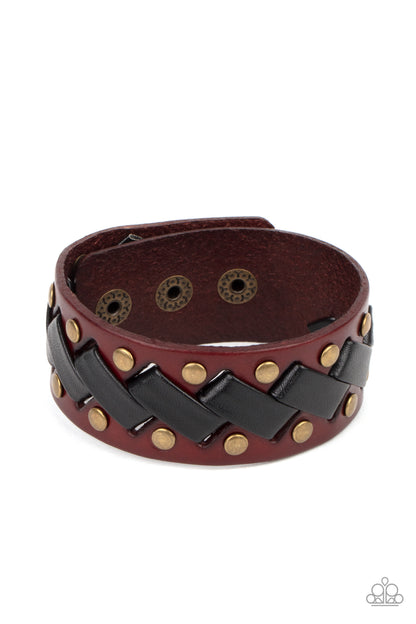 Paparazzi Accessories-LACES Loaded Brass/Black Zigzag Leather Men's Bracelet