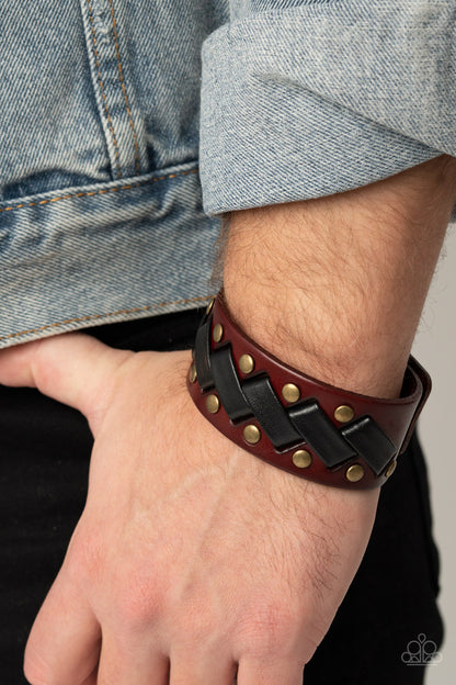 Paparazzi Accessories-LACES Loaded Brass/Black Zigzag Leather Men's Bracelet