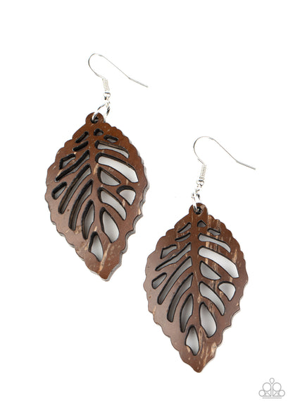 Paparazzi Accessories-LEAF Em Hanging Brown Wood Earrings