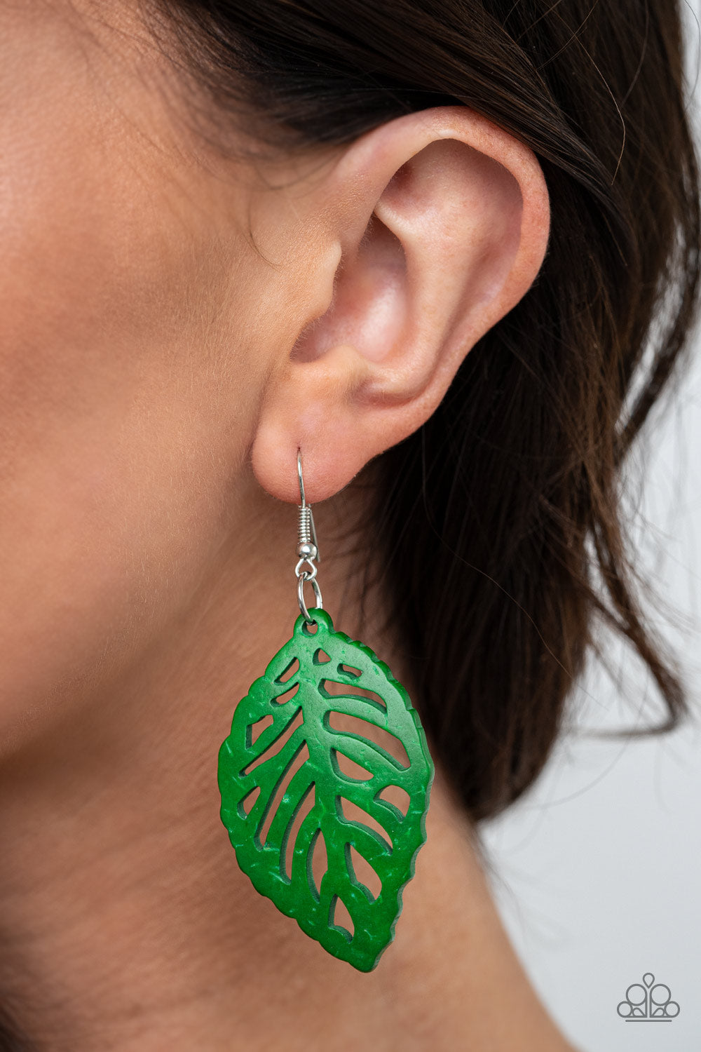 Paparazzi Accessories-LEAF Em Hanging Green Wooden Earrings